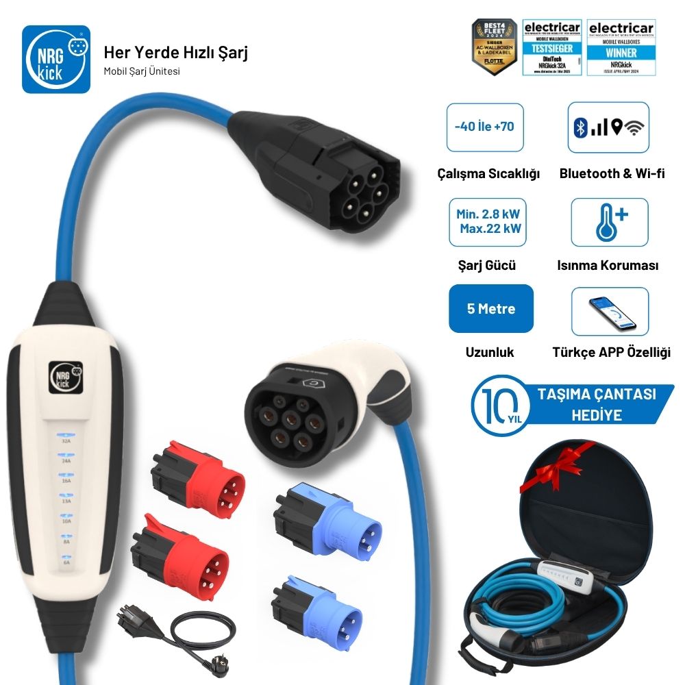 NRGkick Çantalı Premium Plus Set 16A & 32A 2.8kW – 22kW Tüm Ataşmanlar Dahil Ev Prizli 5 Metre WiFi + Bluetooth Trifaze & Monofaze Uyumlu AC Taşınabilir Elektrikli Araç Şarj İstasyonu (Wallbox)