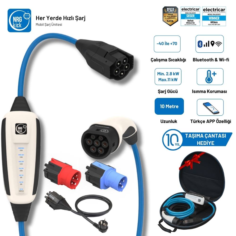 NRGkick Çantalı Premium Set 16A 11kW Set Ev Prizi, Monofaze & Trifaze 10 Metre Wifi+Bluetooth AC Mobil Elektrikli Araç Şarj İstasyonu Wallbox