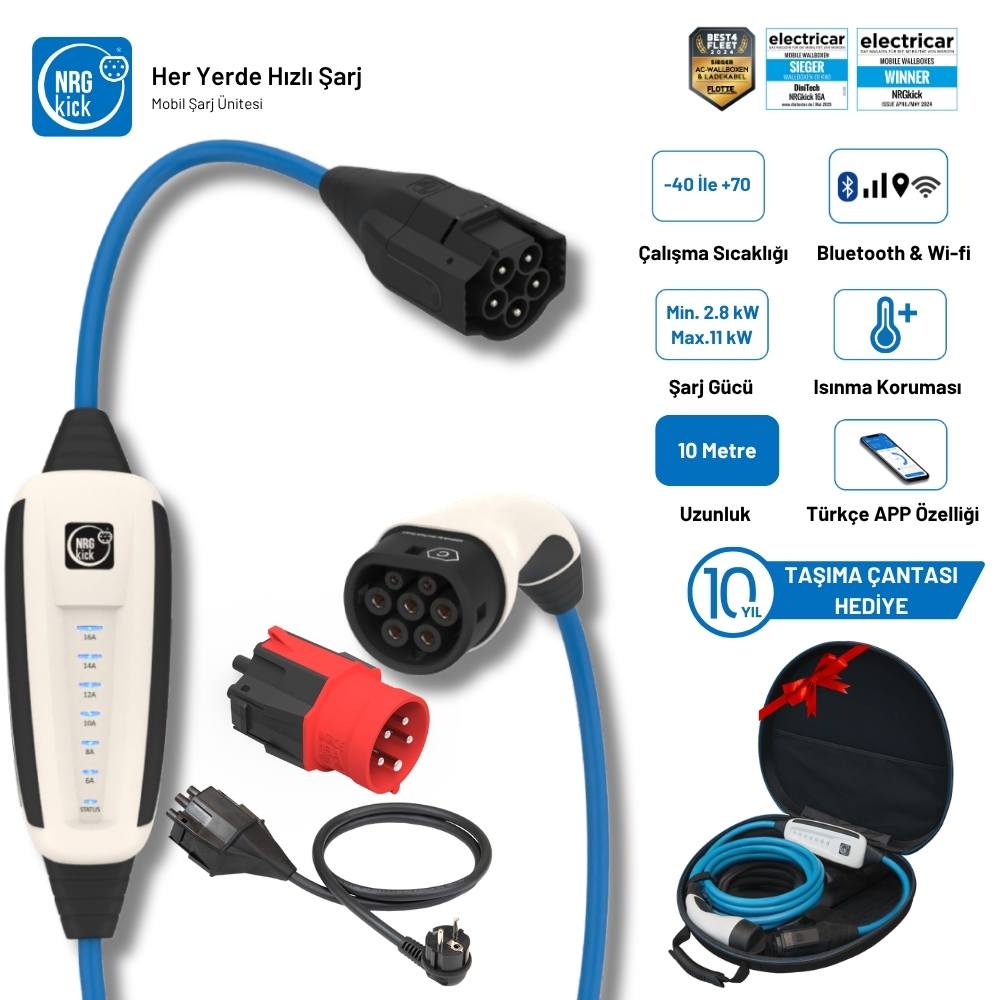 NRGkick Çantalı Standart Plus 16A 11kW 10 Metre Monofaze & Trifaze  Ev Prizli Wifi+Bluetooth AC Mobil Elektrikli Araç Şarj İstasyonu Wallbox