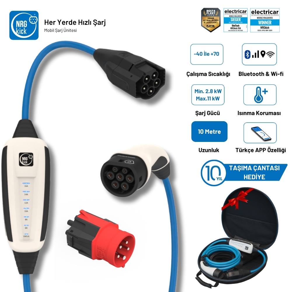 NRGkick Çantalı Basic Plus Set 16A 11kW 10 Metre Monofaze & Trifaze Uyumlu Wifi + Bluetooth AC Mobil Elektrikli Araç Şarj İstasyonu (Wallbox)