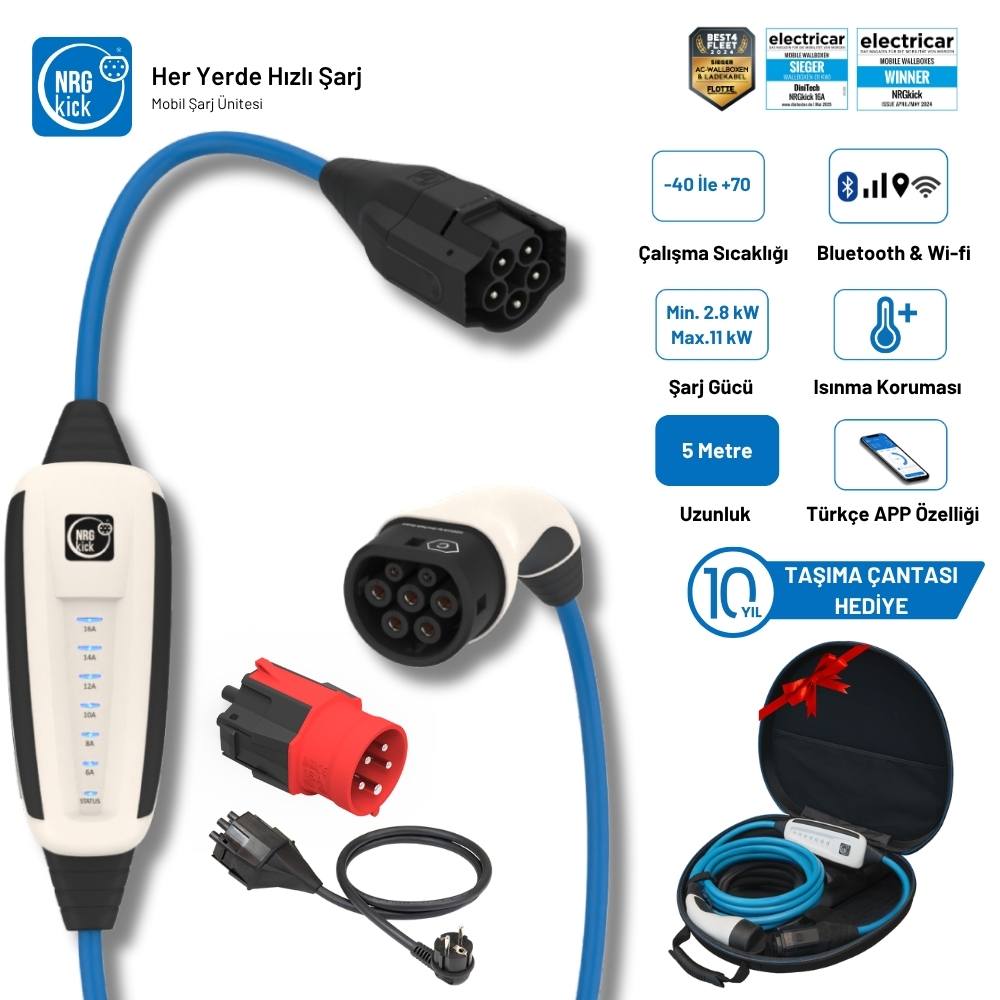 NRGkick Çantalı Standart Plus 16A 11kW 5 Metre Monofaze & Trifaze Ev Prizli Wifi+Bluetooth AC Mobil Elektrikli Araç Şarj İstasyonu Wallbox