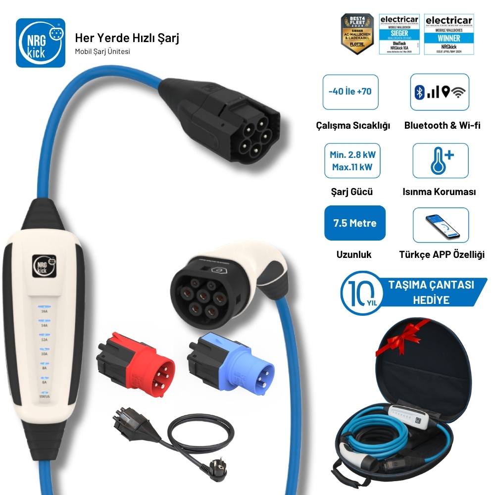 NRGkick Çantalı Premium Set 16A 11kW Ev Prizi, Monofaze & Trifaze  7.5 Metre Wifi+Bluetooth AC Mobil Elektrikli Araç Şarj İstasyonu Wallbox