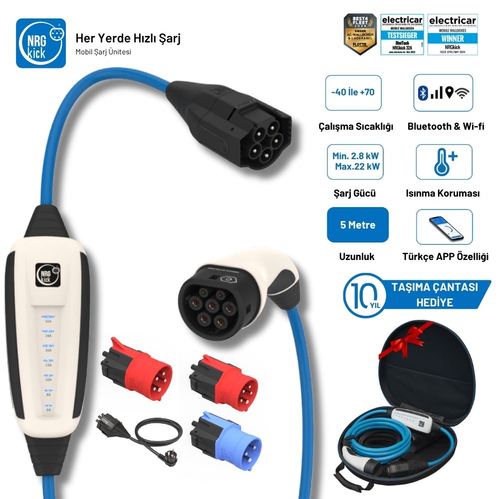 NRGkick Çantalı Premium Set 16A & 32A 2.8kW – 22kW 5 Metre  WiFi + Bluetooth Ev Prizli Monofaze & Trifaze AC Taşınabilir Elektrikli Araç Şarj İstasyonu (Wallbox)