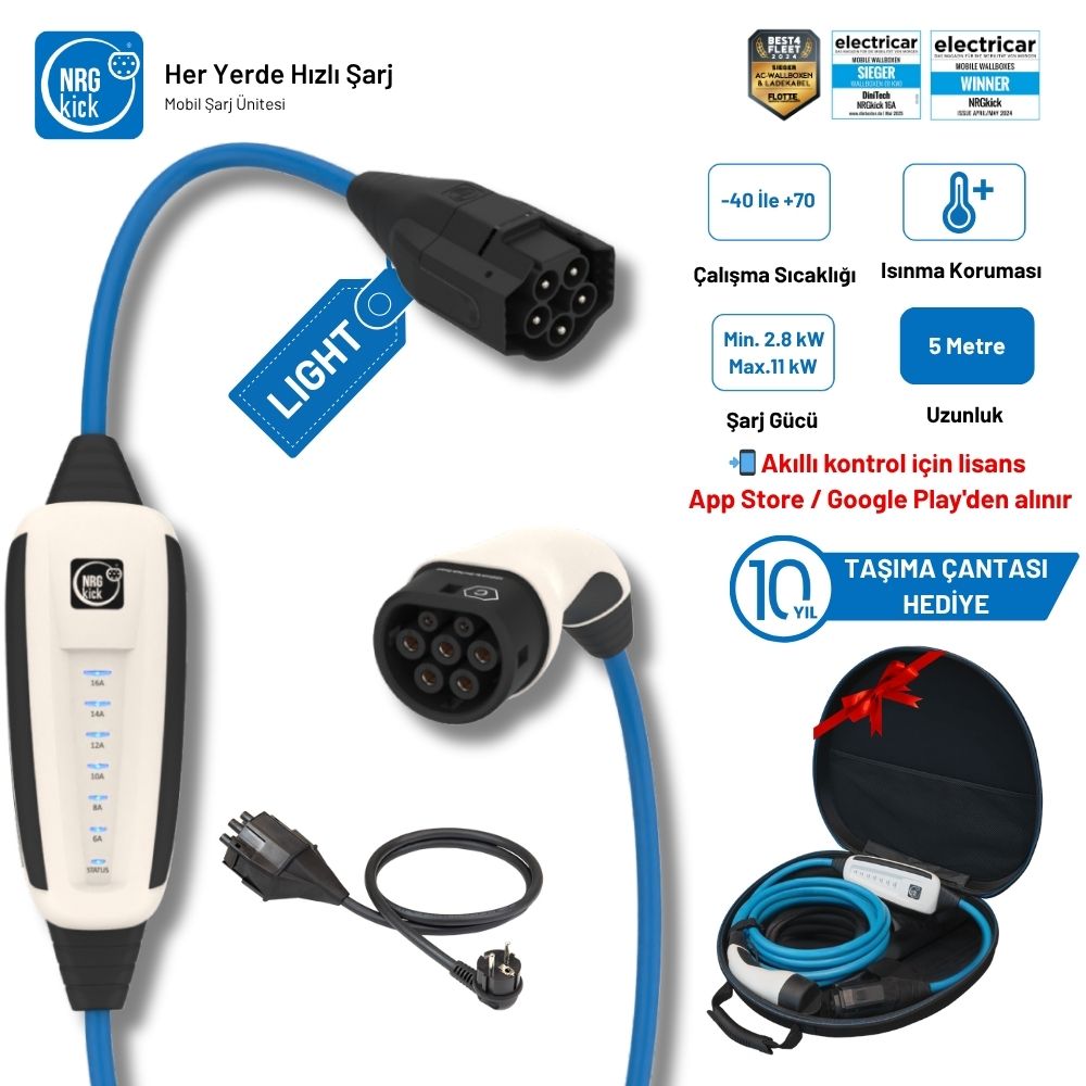 NRGkick Çantalı Başlangıç Set 16A Light 11kW 5 Metre AC Mobil Elektrikli Araç Şarj İstasyonu Ev Prizli (Wallbox)