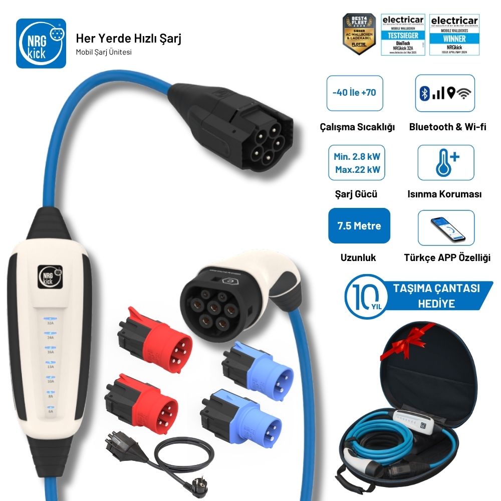 NRGkick Çantalı Premium Plus Set 16A & 32A 2.8kW – 22kW Tüm Ataşmanlar Dahil Ev Prizli 7.5 Metre WiFi + Bluetooth Trifaze & Monofaze Uyumlu AC Taşınabilir Elektrikli Araç Şarj İstasyonu (Wallbox)