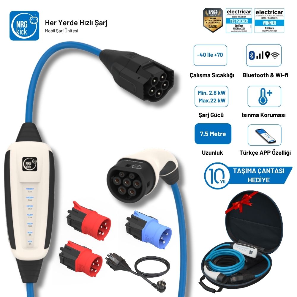 NRGkick Çantalı Premium Set 16A & 32A 2.8kW – 22kW Ev Prizli 7.5 Metre WiFi + Bluetooth Trifaze & Monofaze UyumluAC Taşınabilir Elektrikli Araç Şarj İstasyonu (Wallbox)