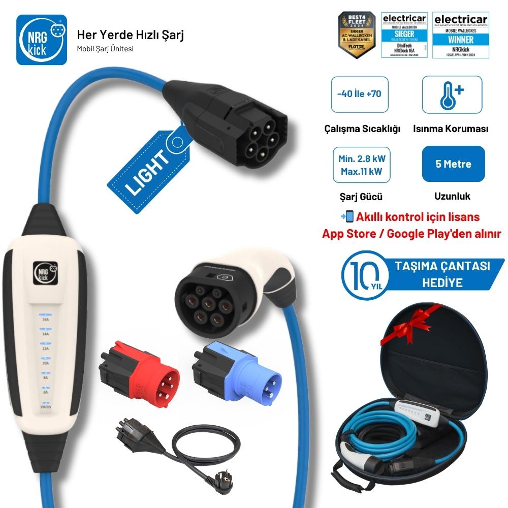 NRGkick Çantalı Premium Set 16A Light 11kW Ev Prizi, Monofaze & Trifaze 5 Metre AC Mobil Elektrikli Araç Şarj İstasyonu Wallbox