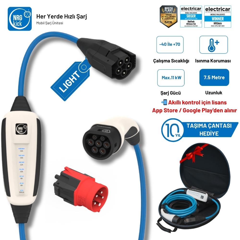 NRGkick Çantalı Basic Plus Set 16A Light 11kW 7.5 Metre AC Mobil Elektrikli Araç Şarj İstasyonu Monofaze & Trifaze Uyumlu (Wallbox)