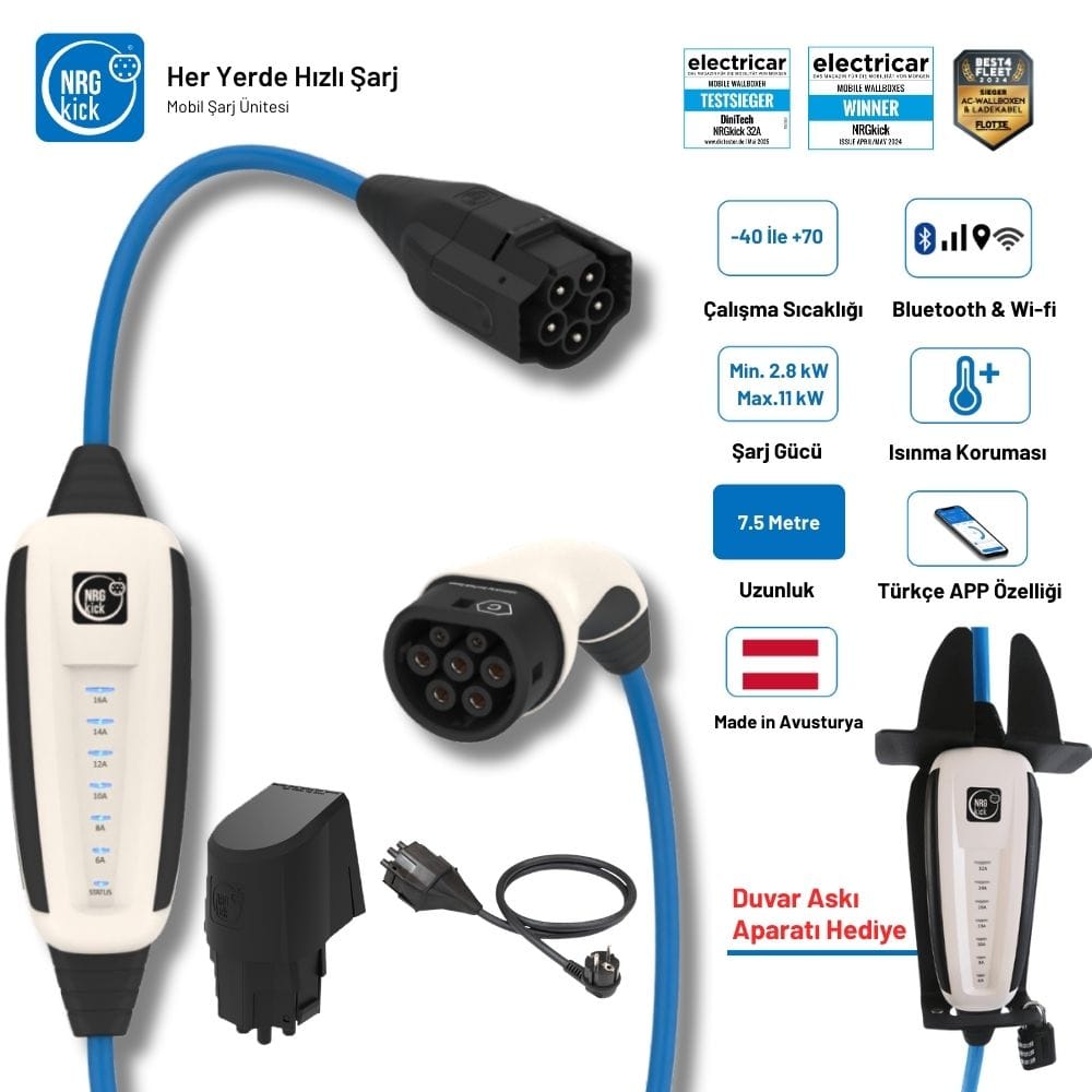 NRGkick Sabit Başlangıç Set 16A 11kW | 7.5 Metre | Monofaze & Trifaze | WiFi + Bluetooth | Duvar Askı Aparatı Hediyeli