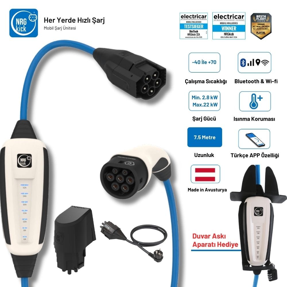 NRGkick Sabit Başlangıç Set 32A 22kW | 7.5 Metre | Monofaze & Trifaze WiFi + Bluetooth | Duvar Askı Aparatı Hediyeli