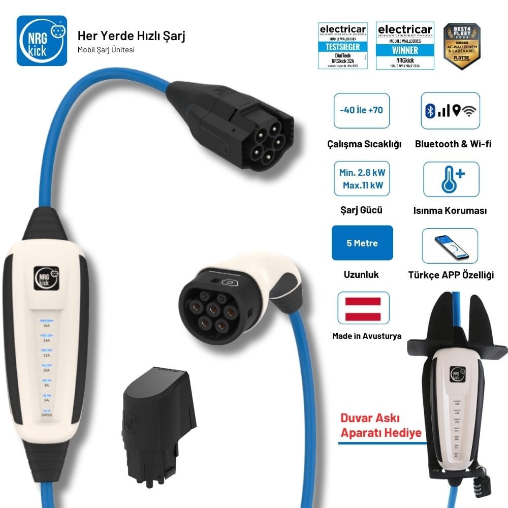 NRGkick Sabit Set 16A 11kW | 5 Metre | Monofaze & Trifaze WiFi + Bluetooth | Duvar Askı Aparatı Hediyeli