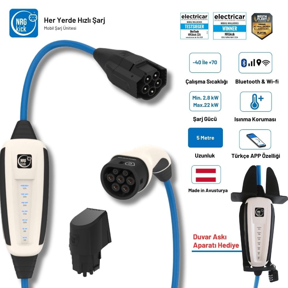 NRGkick Sabit Set 32A 22kW 5 Metre | Monofaze & Trifaze WiFi + Bluetooth | Duvar Askı Aparatı Hediyeli