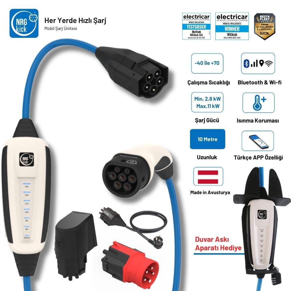 NRGkick Sabit Standart Set 16A 11kW | 10 Metre | Monofaze & Trifaze | WiFi + Bluetooth | Duvar Askı Aparatı Hediyeli