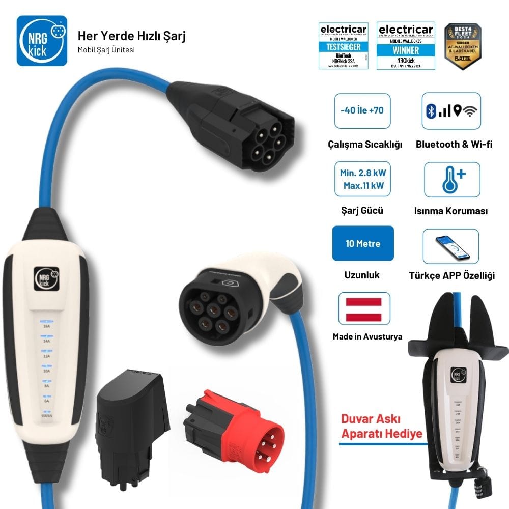 NRGkick Sabit Basic Set 16A 11kW | 10 Metre | Monofaze & Trifaze | WiFi + Bluetooth | Duvar Askı Aparatı Hediyeli