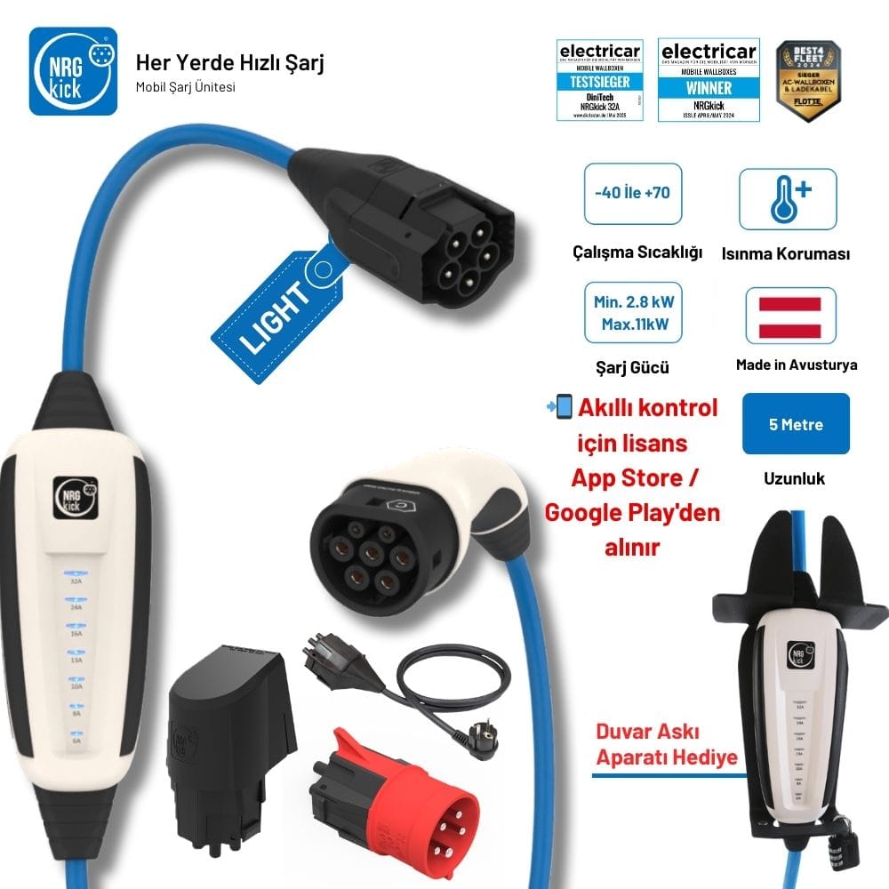 NRGkick Sabit Standart Set Light 16A 11kW | 5 Metre | Monofaze & Trifaze | Duvar Askı Aparatı Hediyeli