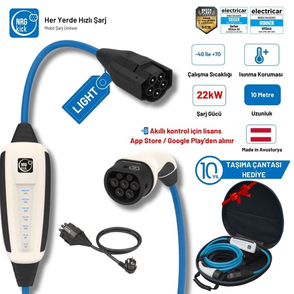 NRGkick Başlangıç Paketi 32A Light 22kW 10 Metre AC Mobil Elektrikli Araç Şarj Kablosu- Ev Prizi (Schuko) Uyumlu Set