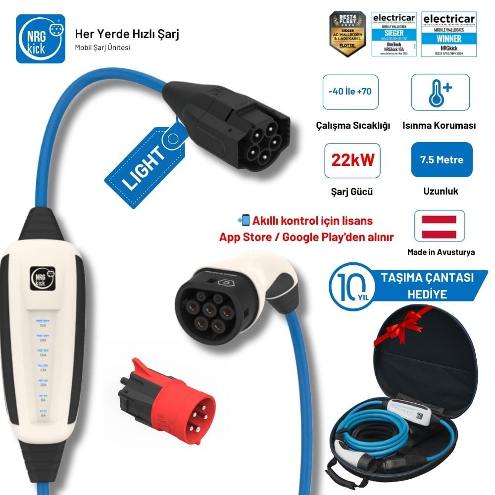 NRGkick Çantalı Basic Plus Set 32A Light 22kW 7.5 Metre AC Mobil Elektrikli Araç Şarj Kablosu Monofaze & Trifaze Uyumlu (Wallbox)