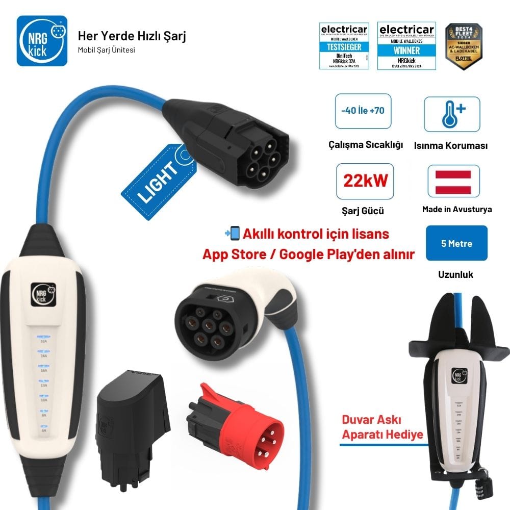NRGkick Sabit Basic Set 32A Light 22kW 5 Metre - Duvar Bağlantı Soketi Monofaze & Trifaze Askı Aparatı Hediyeli