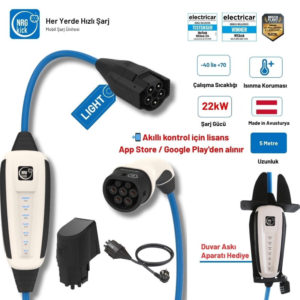 NRGkick Sabit Başlangıç Seti 32A Light 22kW 5 Metre - Duvar Bağlantı Soketi + Ev Prizi (Schuko) Adaptörü + Askı Aparatı Hediyeli