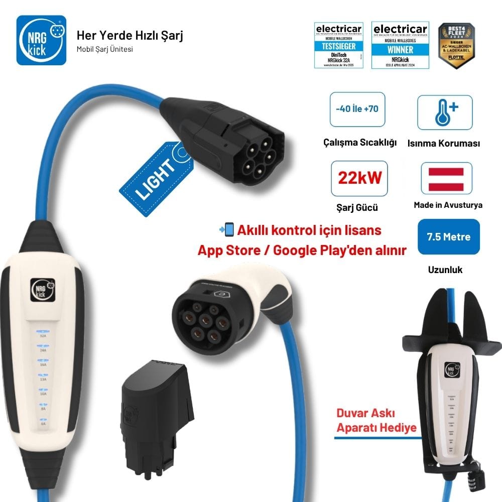 NRGkick Sabit Set 32A Light 22kW 7.5 Metre - Duvar Askı Aparatı Hediyeli (Trifaze & Monofaze Uyumlu)