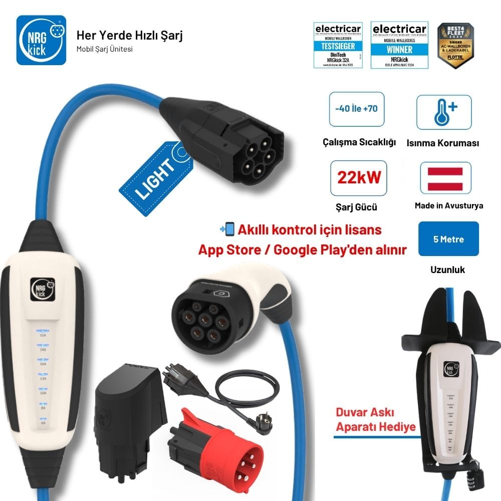 NRGkick Sabit Standart Set 32A Light 22kW 5 Metre - Duvar Soketi + 32A Ataşman + Ev Prizi Adaptörü + Askı Aparatı Hediyeli