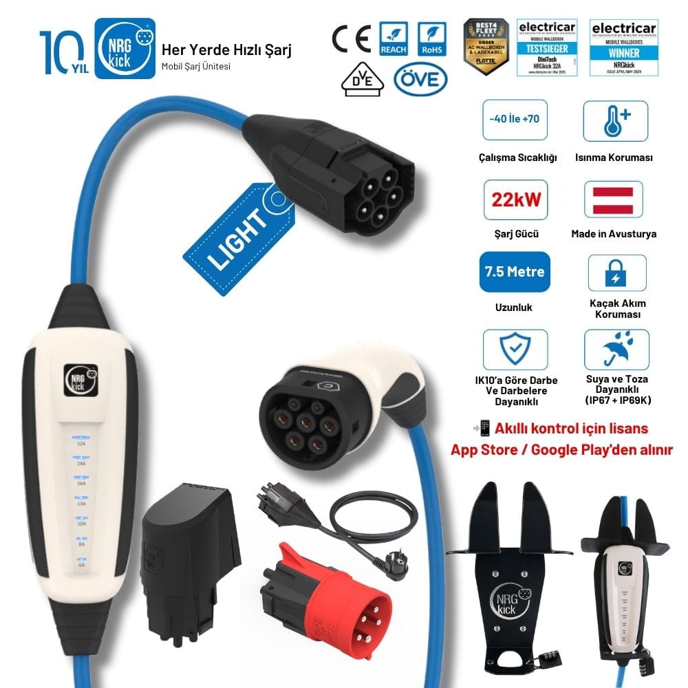 NRGkick Sabit Standart Set 32A Light 22kW 7.5 Metre Duvar Soketi + 32A Ataşman + Ev Prizi Adaptörü + Askı Aparatşı