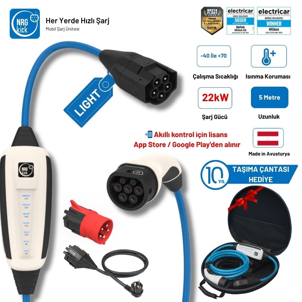 NRGkick Standart Paket 32A Light 22kW 5 Metre AC Mobil Elektrikli Araç Şarj Kablosu (Monofaze & Trifaze + Schuko)