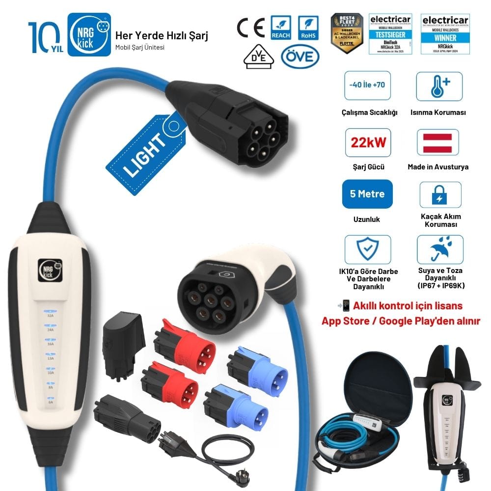 NRGkick All in One Light Plus 32A 2.8kW - 22kW 5 Metre Tüm Priz Adaptör Setli Duvar Askılı AC Mobil Taşınabilir Şarj İstasyonu (Opsiyonel WiFi+Bluetooth Wallbox)